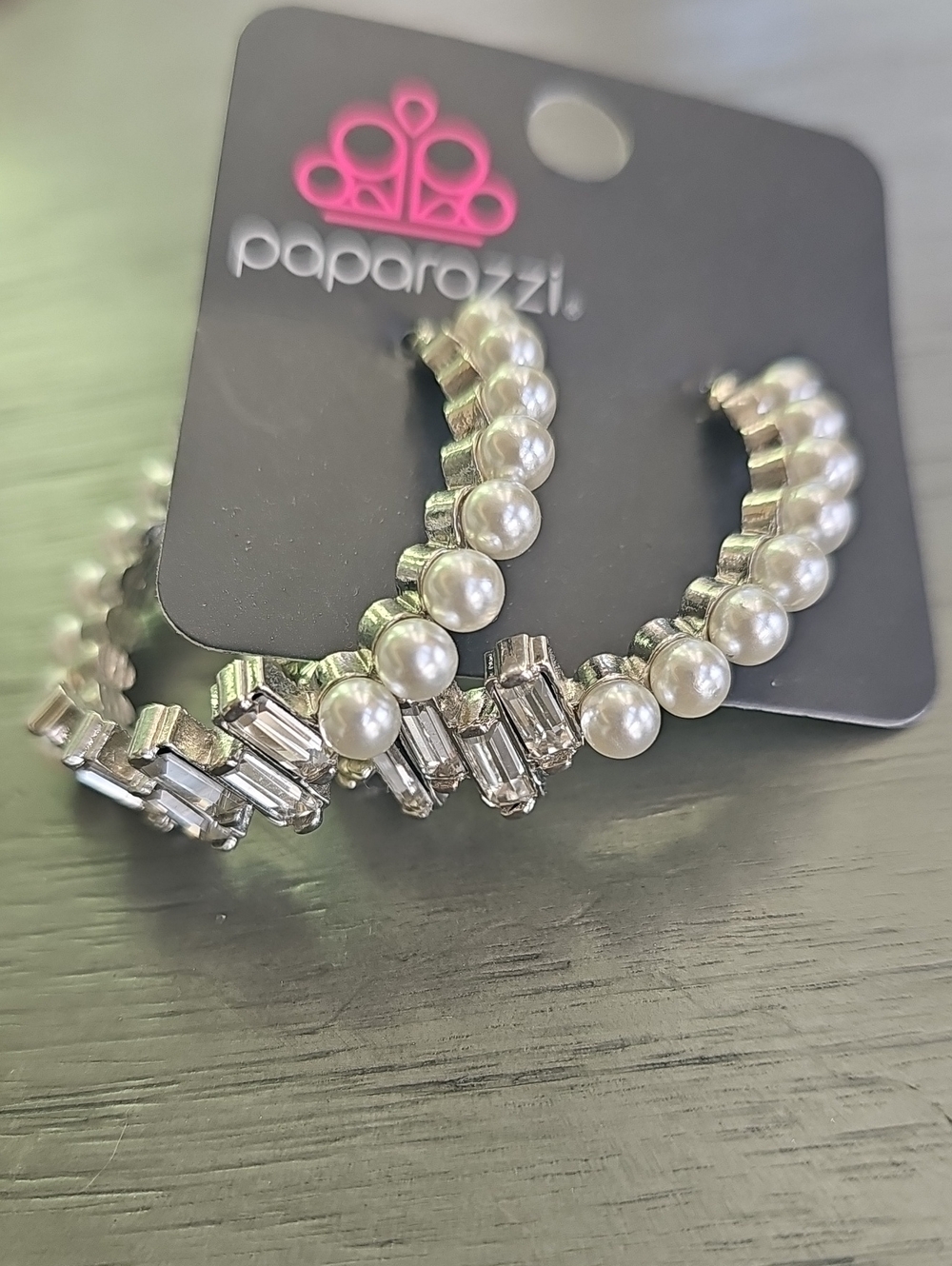 Paparazzi Silver Pearl & Clear Crystal Hoop Earrings